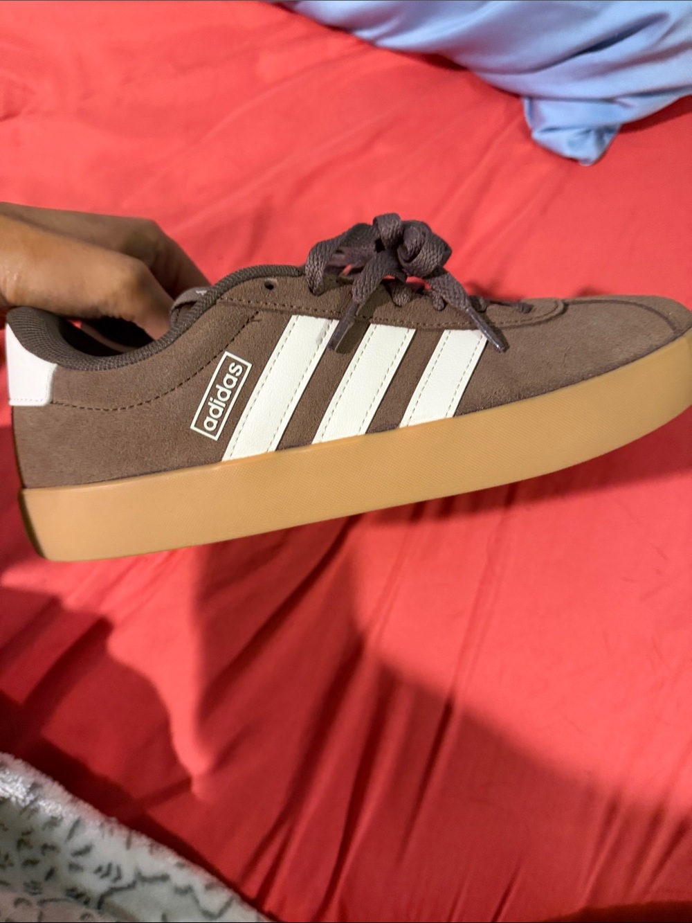 adidas Brown Suede Sneakers with White Stripes and Gum Sole